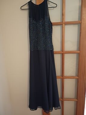 J Kara Navy Beaded Halter Maxi Gown